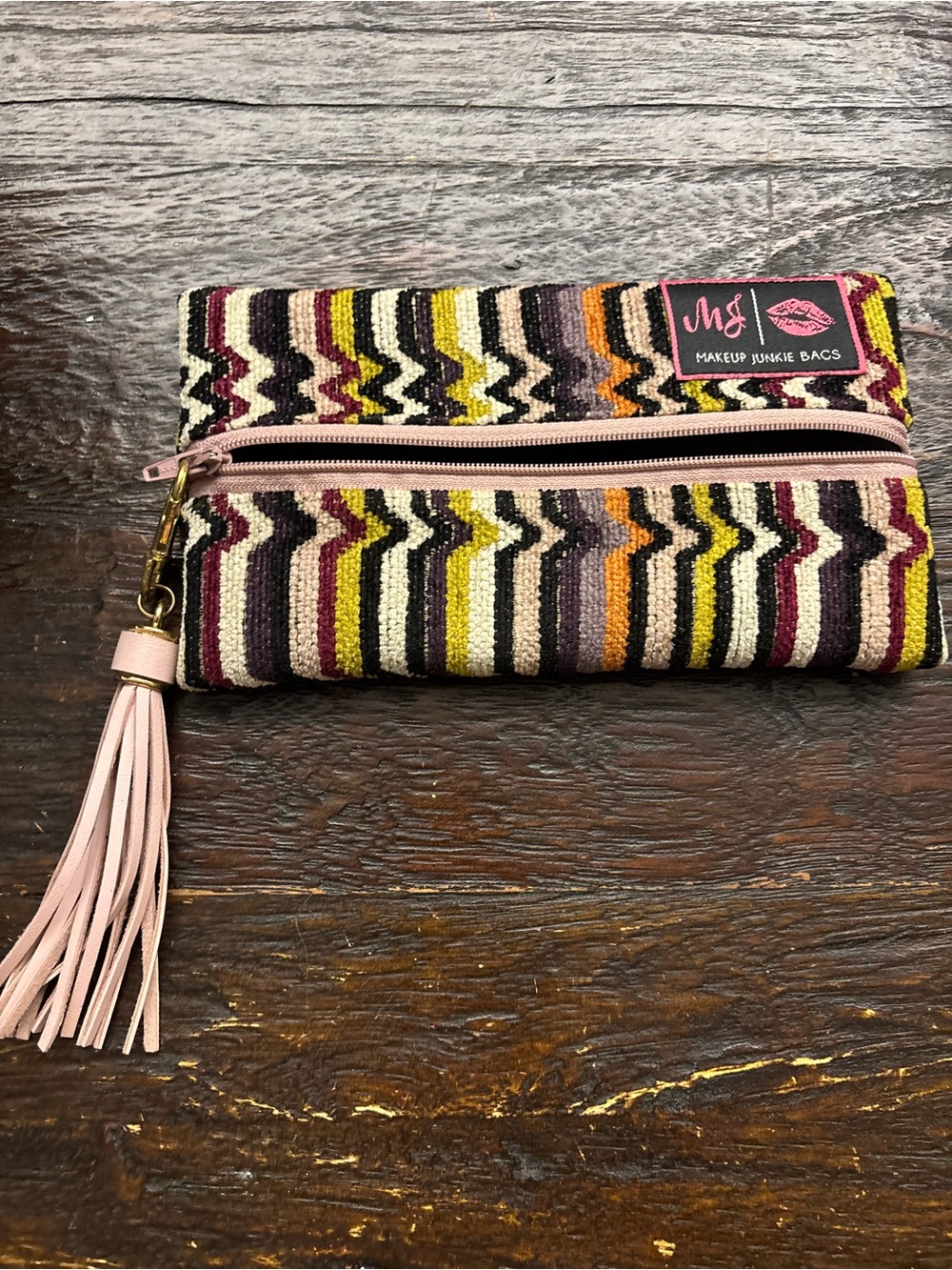 Makeup Junkie Multicolor Upholstered Wristlet Pouch - Pink Leather Accent